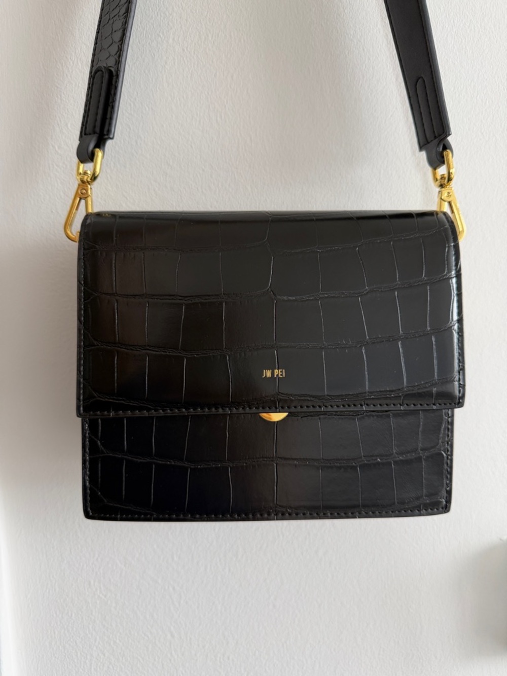 JW PEI Black Croc-Embossed Crossbody with Gold Hardware